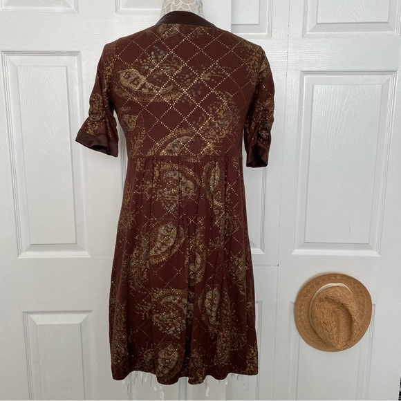 Chaudry KC Pattern Brown Metallic Gold Mini Dress Short Sleeve V-neck Bow Small - Picture 7 of 15